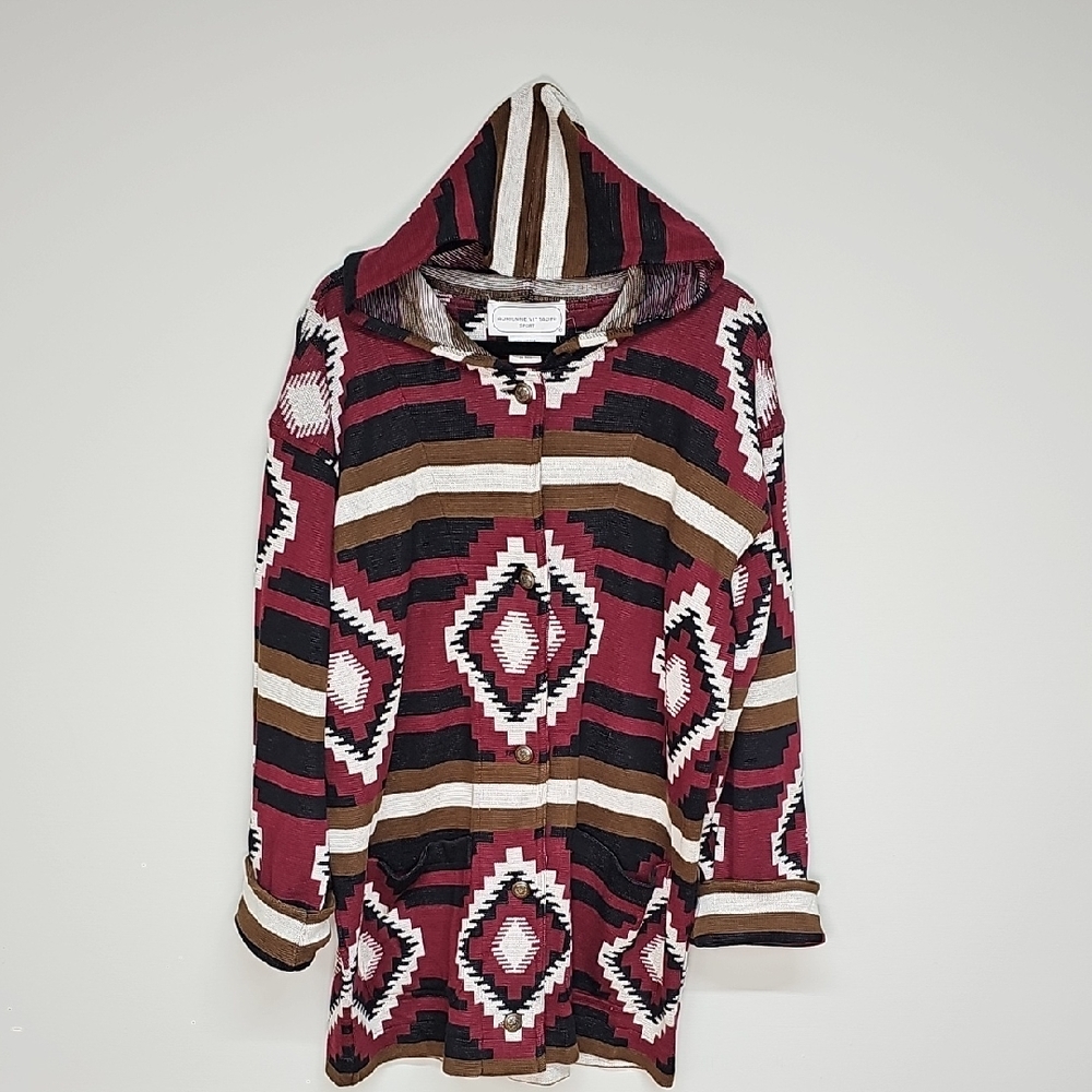 Vtg Adrienne Vittadini Sport, Knit Cardigan Hoodie, Aztec Burgundy Black, Size M